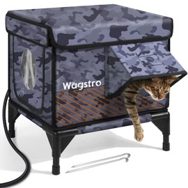 Heated Cat House for Outside, Insulated Weatherproof Heated Outdoor Cat House with Waterproof Eaves & Escape Door, Elevated Outdoor Cat Shelter with Heater for Feral Stray Barn Cat