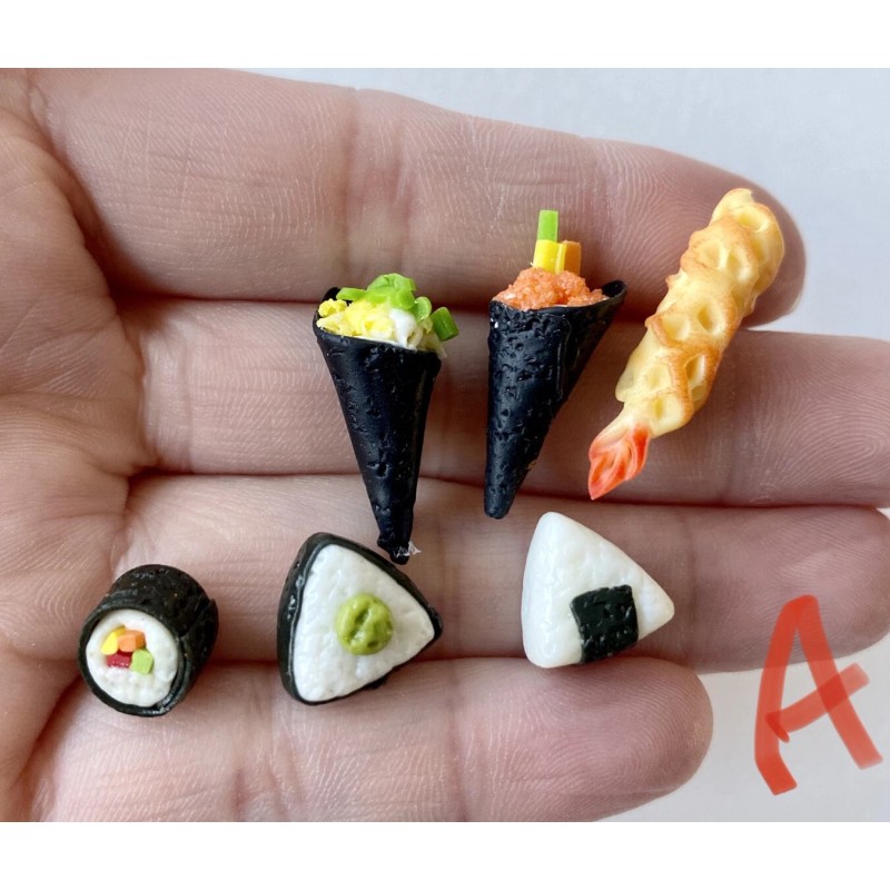14 Pcs miniature dollhouse Handmade Clay sushi Hand roll Tempura