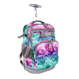 Tilami Rolling Backpack, 18 inch Shoulder Drop, Concealed Pockets and Wheel Cover, Laptop Backpack for Boys and Girls, Clouds Green