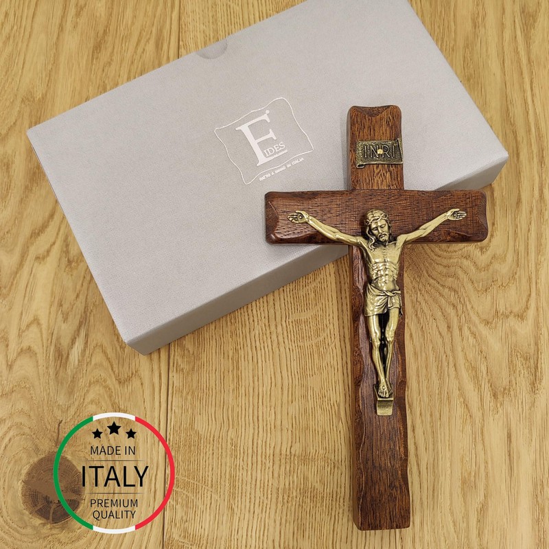 Wooden Crucifix - Wall Mounted - Christ Brass Plated -