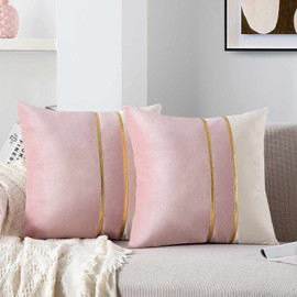 WACOMECO Velvet Throw Pillow Covers - Soft Decorative Cushion Covers Cases with Gold Leather for Sofa Bedroom Livingroom Car, 18 x 18 in, Blush Pink and White