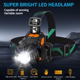 Rechargeable Headlamp, 50000 High Lumens. Super Bright with Motion Sensor, 5 Lighting Modes. IPX7 Waterproof, 90° Adjustable & zoomable, Ideal for Camping, Cycling and Running.
