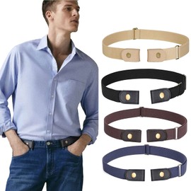 WERFORU 4 Pieces Men's No Buckle Belts Buckle Free Belt No Show Elastic Belts Durable Adjustable Invisible Waist Belt Buckless Stretch Belt Black/Coffee/Blue/Yellow