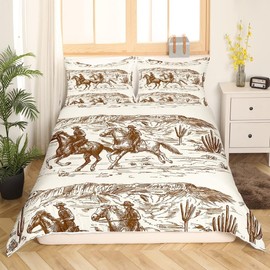 Western Cowboy Bed Linen Set 135 x 200 cm Wild Western Desert Farmhouse Horse Bedding Set Natural Pastoral Decor Duvet Cover Set for Children Boys Girls Teenagers Hand Drawn Pattern 2-Piece