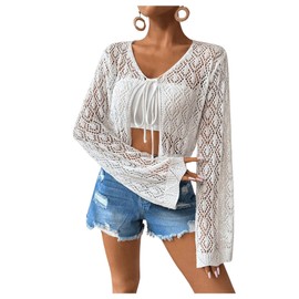 SweatyRocks Women's Tie Front Crop Cardigan Hollow Out Long Sleeve Lightweight Knit Tops White Medium