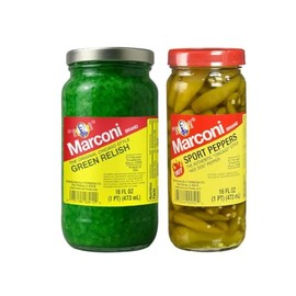 Marconi Sport Peppers & Green Relish 2 Pack | Chicago Style Hot Dog Toppings | Pickled Peppers & Relish Combo | 16 oz Each, 32 oz Total