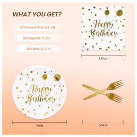 150PCS Happy Birthday Paper Plates and Napkins - 7 Inch White Gold Dot Paper Plates and 6.5 Inch Napkins with 6.3 Inch Gold Forks Disposable Tableware Set for Birthday Party Decorations, Serves 50