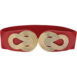 BlackButterfly Wide Elastic Vintage Cinch Retro Metal Interlock Buckle Belt (Red, XL)