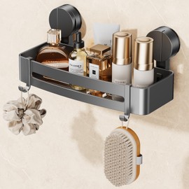 FERCOSEN Suction Cup Shower Caddy No Drilling | 2 Hooks, 32cm Length, 10kg Load Capacity, 1 Minute Installation | Removable and Rustproof Shampoo Holder for Shower