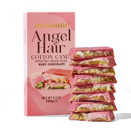 Meronne Angel Hair Ruby Chocolate Bar – 6.35 oz (180g) – Real Ruby Chocolate with Pistachio Cream & Angel Hair Cotton Candy – Handmade – No Artificial Colors or Preservatives
