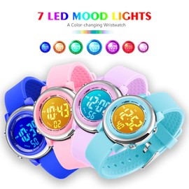 VenSten Girls Digital Watch - Kids Sports Waterproof Electrical Outdoor Stopwatch Alarm 7 Color LED Luminescent Watches for Youth Girl