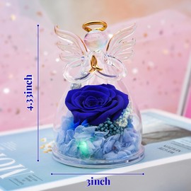 Encavy Preserved Flower Rose Gifts in Glass Angel Figurines,Birthday Gifts for Women, for Mom,Angel Rose Gifts with Light for Her,Mom Gifts from Daughter,Blue Real Rose Gifts for Grandma Wife