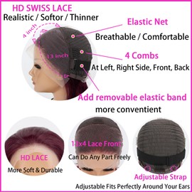 VYCRAVE 99j Bob Wig Human Hair 13x4 HD Transparent Lace Front Wigs Human Hair Pre Plucked with Baby Hair Glueless Wigs Human Hair 180% Density Straight Frontal Lace Wig Burgundy Short Bob 8 inch