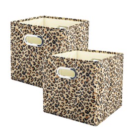 ANMINY 2PCS Storage Cubes Leopard Cheetah Print Velvet Fabric Storage Bins for Shelves, Collapsible Washable Closet Storage Baskets Boxes with Handles for Organizing and Storage -Brown, 11"x 11"x 11"