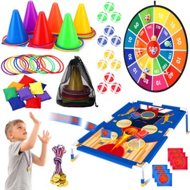 Hungdao 61 Pcs Toss Game Toys Set Bean Bag Carnival Games Ring Toss Game Dart Board Corn Hole Games with Sticky Balls Rings Medal Party Toys for Boys Girls Gifts Outdoor Indoor