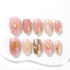 Sun&Beam Nails Handmade Nail Tips, Medium, Long, Oval, Round, Short, Pink, Gold, Glitter, Popular, 3D, Stylish, Cute, Heart Design, False Nails, 10 Pcs (#77 M)