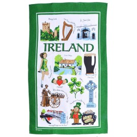 Iconic Ireland Tea Towel Souvenir Gift Green Irish Scenes Leprechaun Collage