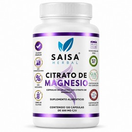 Citrato de Magnesio 500 mg  120 Cápsulas  100 Puro  Alta Absorción y Biodisponibilidad  Saisa Herbal  Apoyo Muscular, Energía y Sueño Natural         