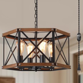 4-Light Large Rustic Farmhouse Plug in Pendant Light Fixture with Adjustable Chain, Dimmable Switch, 20 inch Oak Wood and Metal Cage Hanging Lamp for Dining Room Living Room Farmhouse Entry, Black