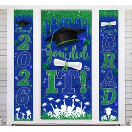 Blue and Green Graduation Decorations Class of 2026 Congrats Grad Banner and You Did It Door Cover for High School College Grad Party Supplies