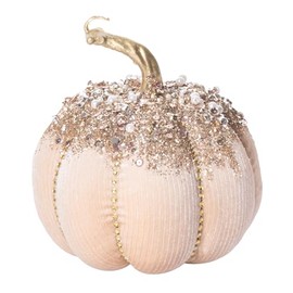 One Holiday Way 5.75-Inch Elegant Bejeweled Plush Champagne Fabric Pumpkin Figurine w/Gold Stem, Silver Sequins – Fall Thanksgiving Dinner Tabletop Decoration – Table Mantel Shelf Home Decor
