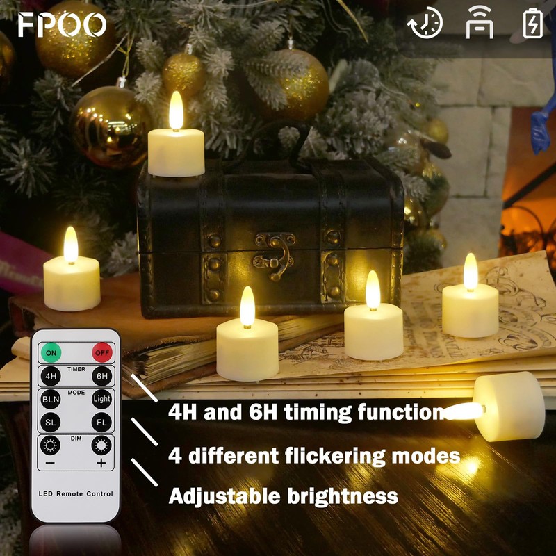 FPOO LED Rechargeable Tea Lights Candles with Remote, 6 pcs