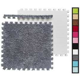 12 Pcs Shaggy Interlocking Foam Carpet Tiles - 12" x 12", 12 Sq,Ft Kids Carpet Squares Protective Floor Mats Crawling Exercise Area Rugs for Children Room, Home or Classroom Use, Grey