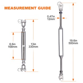 LordHardware Stainless Steel 1/2 x 6.5 Inch M12 Jaw and Jaw Turnbuckles for Tensioning Cable Rope Chain 2200 lbs Load (2P)
