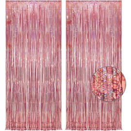YIAGUN 2 Pack Rose Gold Foil Curtains 1X2.5m Thickened Laser Glitter Tinsel Fringe Curtain Streamer Backdrop Decorations for Birthday Photo Booth Props Graduation Engagement Party
