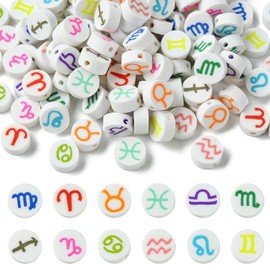 Ipotkitt - 120 abalorio de arcilla polimérica de 12 estilos de 12 abalorio de constelación redondas planas con signo del zodiaco de color blanco, abalorio espaciadoras de dibujos animados, abalorio