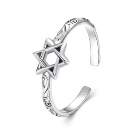 Kerraom Star of David Ring 925 Sterling Silver Open Hexagram Women's Ring Adjustable Star Ring Judeo Christian Religious Gift for Girls Women, Sterling Silver