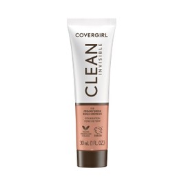COVERGIRL Clean Invisible Foundation Makeup, Dewy & Glowy Natural Finish, Buildable Coverage, Skin-Like Smooth Look, Vegan, Creamy Beige, 1oz