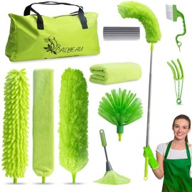 Microfiber Feather Duster with Extension Pole, Bendable Reusable Washable Dusters for Cleaning High Ceiling Fan, Cobweb, Blinds, Keyboard, Furniture & Cars, Duster Kit with Storage Bag (11 PCS)