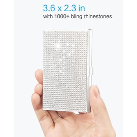 Qinsuee Bling Bling Small Business Card Holder for Women, Alloy Business Card Case, Pocket Card Holders, Slim Name Card Holder with 10-20 Cards Capacity (Silvery)