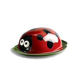 Colias Wing Green Leaf Shaped Ceramic Butter Dish with Ladybug Shaped Lid Butter Keeper Butter Plate Tray for Kitchen Countertop Butter Crock Keeper Saver