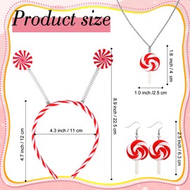 Yuefunny 4 Pcs Candy Costume Accessories Lollipop Headband Necklace Earring Women Photo Props Outfit(Red White,4x9in)