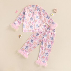 Kavousa Toddler Baby Girl Feather Trim Pajamas Bow Print Button Down Shirts + Pants Little Kids Girls Satin Silk Pajama Set (Fuzzy Bows Multicolor, 4-5 Years)