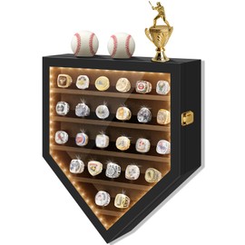 JNATER Championship Ring Display Case - 25 Ring Posts Baseball Ring Holder with LED Light, Baseball Ring Display Case, Wall Mount Wooden Shadow Box for Collection Sports Champion Rings, Baseballs