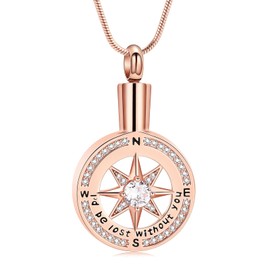 I'd be lost without you - Cremation Jewelry for Ashes Pendant - Compass Urn Necklace with Mini Keepsake Urn Memorial Ash Jewelry Loved One (Rose Gold)
