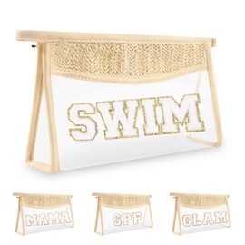 Clear Patch Makeup Letter Bag, Boho Letter Bag for Beach Swim, Waterproof Zipper Make up Bag Toiletry Pouch for Women Girls, Clear Letter Patch Cosmetic Bag Organizer Pouch for Travel(Swim, Beige)