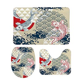 Kuizee Bath Rug Set 3 Piece Koi Fish Wave Water Circles Japanese Chinese Batroom Combination Non-Slip Mat U-Shaped Contour Rug O-Shaped Toilet Lid Absorbent Cover Coral Velvet