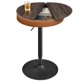 VASAGLE EKHO Collection - Height Adjustable Bar Table, Round High Pub Table with Storage, Synthetic Leather with Stitching, Mid-Century Modern, Kitchen Bar Living Room, Ash Brown and Caramel Brown