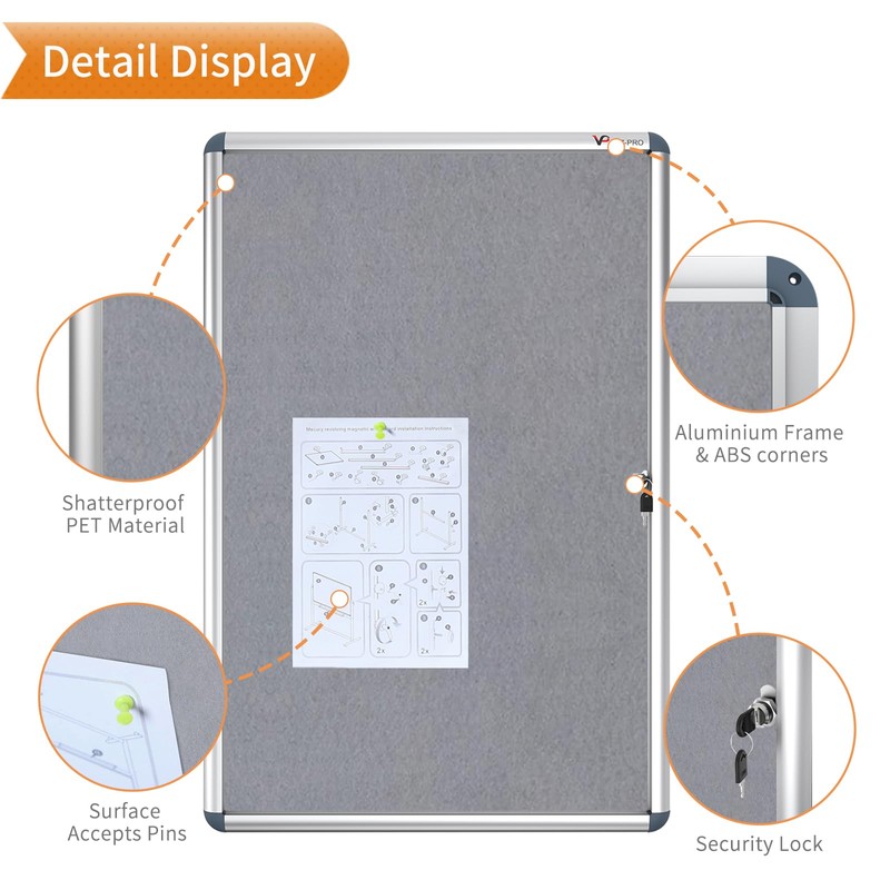 VIZ-PRO Tamperproof Lockable Gray Fabric Noticeboard Aluminium Framed 36x24 Inches