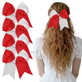 ZESION Large Red and White Hair Bows, 4-Pack Grosgrain Ribbon Cheer Bows, Classic Style Hair Accessories