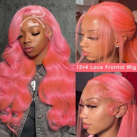 Pink Wig Human Hair 24 Inch Pink Lace Front Wig Human Hair Pre Plucked 13x4 HD Pink Human Hair Wig Body Wave Lace Front Wigs Human Hair 180% Dentiney Frontal Colored Wigs Human Hair With Baby Hair