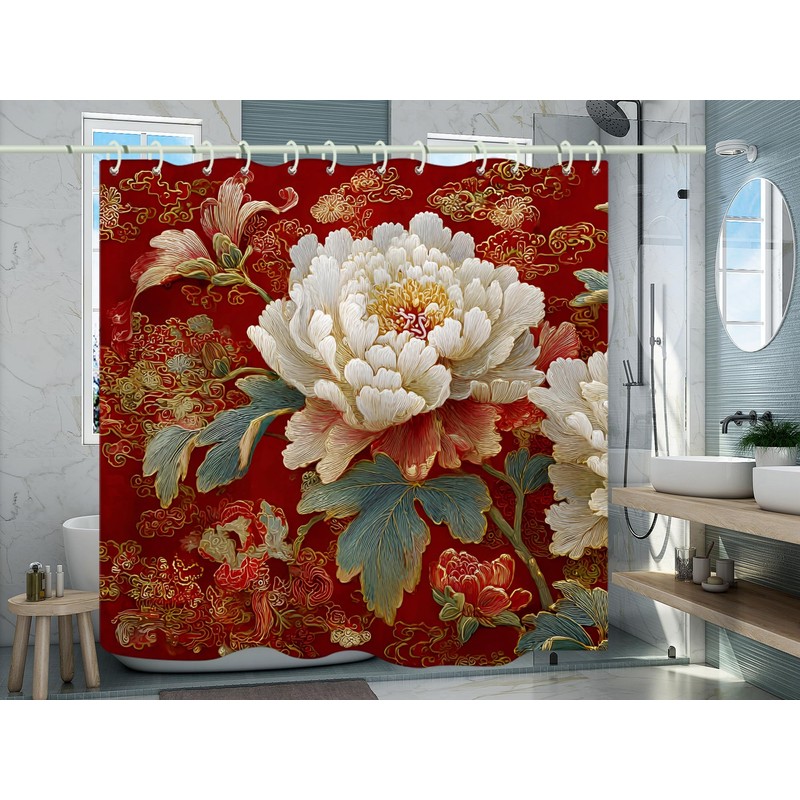 WODEJIA Red Peony Shower Curtain, Chinese Style Floral Embroidery Bathroom