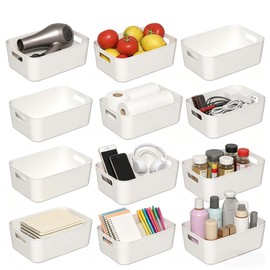 Afromy Plastic Storage Bins, 12-Pack Organizer Baskets, White