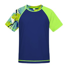 ANGEL CITIZ Boys' Short-Sleeved Crew Neck Swimming Shirt UV Children's Rash Guard UPF 50+ Swimming Shirt Children 125-155, 01-dark blue print
