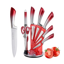 Knife Set, 9-Piece Kitchen Knife Set with Sharpener,Scissors, Non Stick Sharp Stainless Steel Chef Knife Set with Acrylic bracket for Kitchen Cutting Slicing Dicing Chopping (Gradient Red)