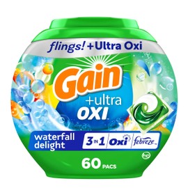 Gain flings Ultra Oxi Laundry Detergent Pacs, 60 Count, Waterfall Delight Scent, 3-in-1, HE Compatible